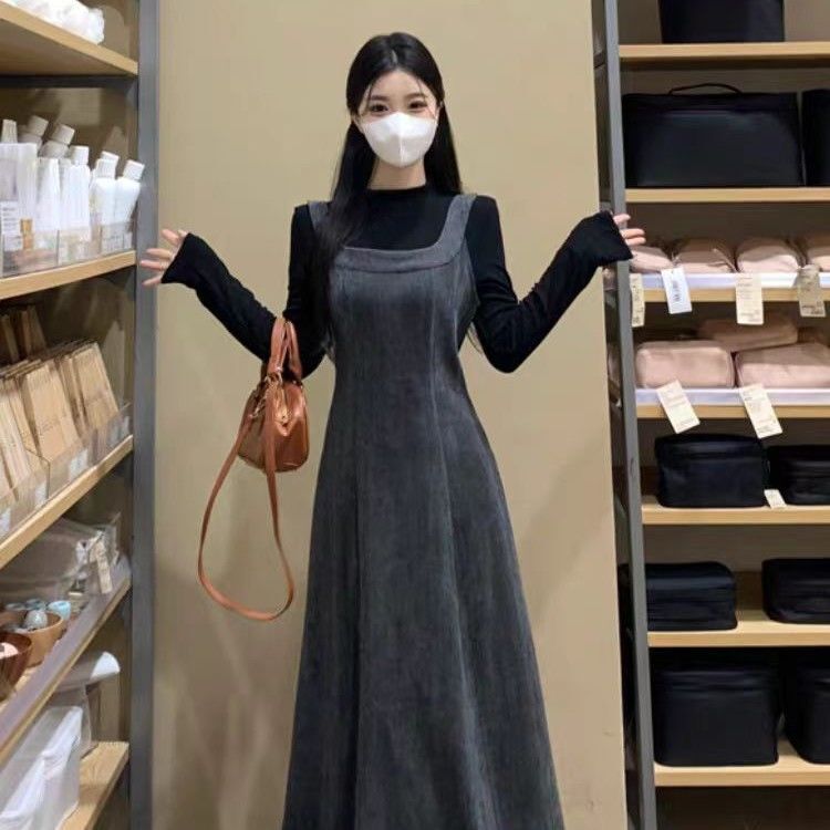 法式复古背带连衣裙套装女秋冬长袖打底衫 A字长裙显瘦两件套串珠|undefined