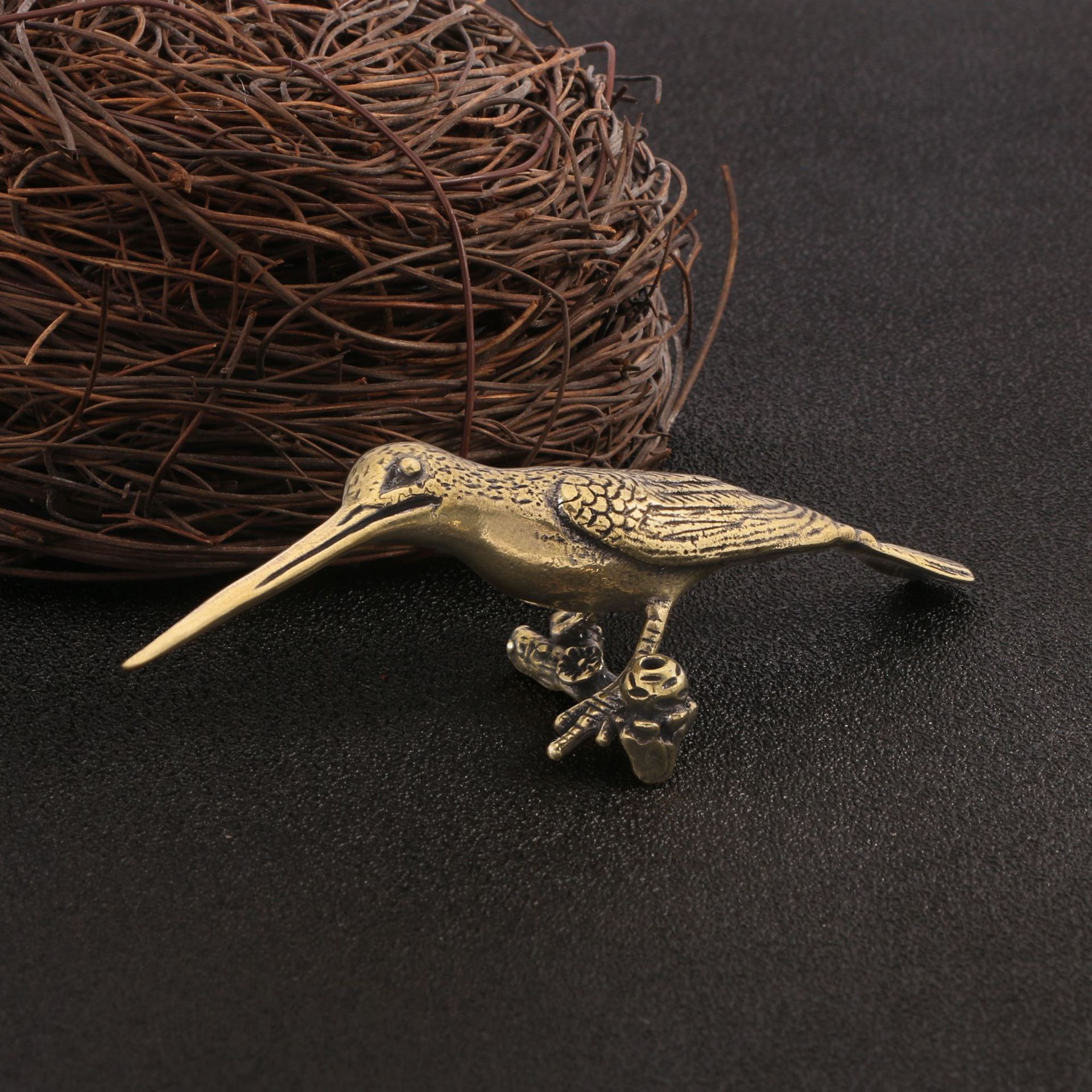 黄铜实心铜器翠鸟小摆件手把件开茶针小铜器铜艺茶宠摆件铜雕香插