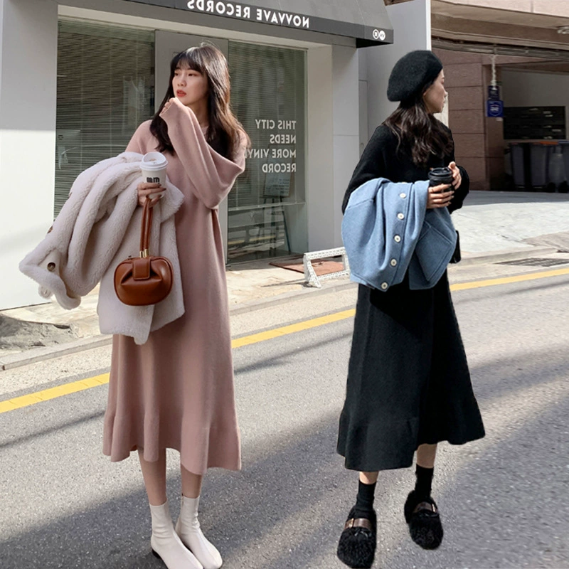 200 Jin Свободный свитер до колена большого размера, осенне-зимнее платье с оборками, юбка-годе, базовое вязаное платье, модное