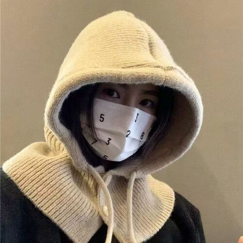 Korean Style Versatile Windproof Button Scarf Hat Windproof Ear Protection Warm Hooded Cap for Women Knitted Balkara Hat