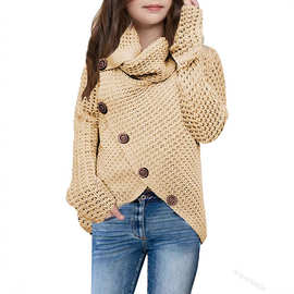 外贸欧美2024亚马逊纯色不规则斜扣洋气针织衫女童高领长袖上衣