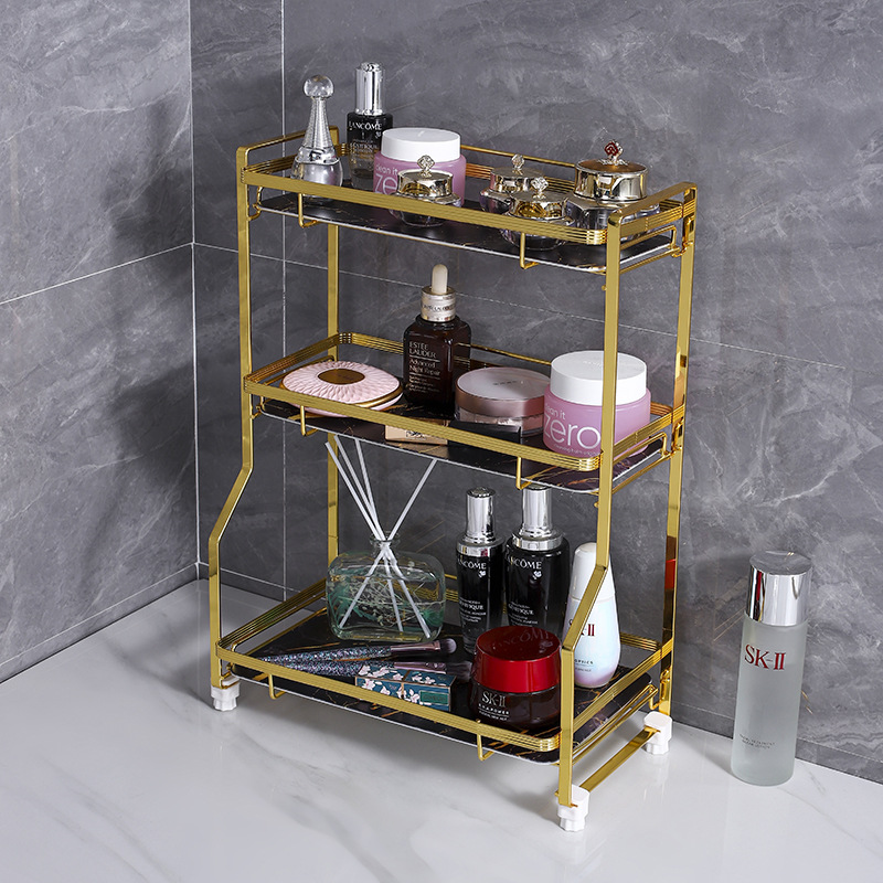 Oro de doble capa de hierro aseo organizador rack de baño aseo rack de almacenamiento de cosméticos de escritorio rack de almacenamiento desmontaje
