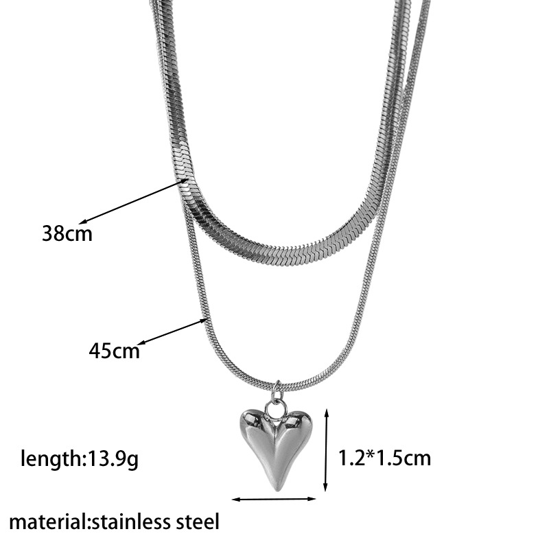 【XKN1254】더블 레이어 하트 목걸이 스틸 컬러