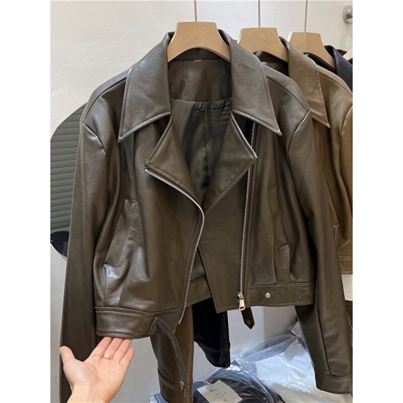 2026 Autumn Hong Kong Style PU Leather Jacket, Coffee Brown Top, New Retro Loose Long Sleeve Biker Jacket Coat 2026 Autumn Hong Kong Style PU Leather Jacket, Coffee Brown Top, New Retro Loose Long Sleeve Biker Jacket Coat