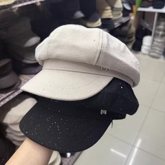 秋冬保暖显瘦减龄毛呢八角帽子女重工亮片m字母水钻短遮鸭舌帽潮