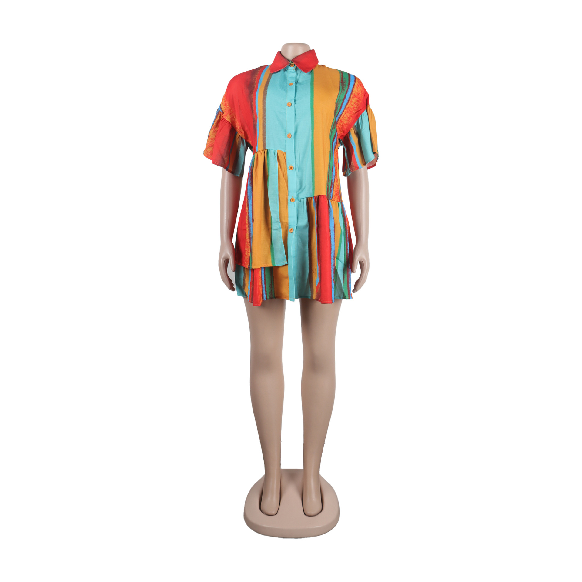 Slim Fit Printed Color Contrast Patchwork Short Dress Colorful Coat Short Sleeve Shirt Dress