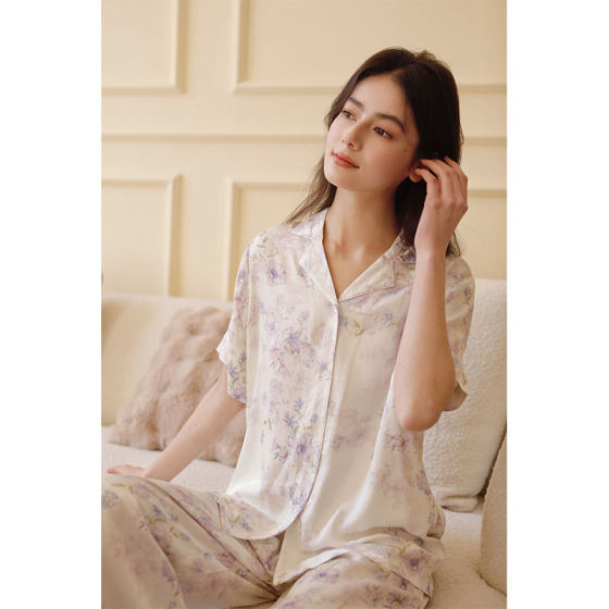 25 Years Spring Women's Four Seasons Cotton Satin Romantic Purple Rose Print Lapel Pajamas suit Home Clothes