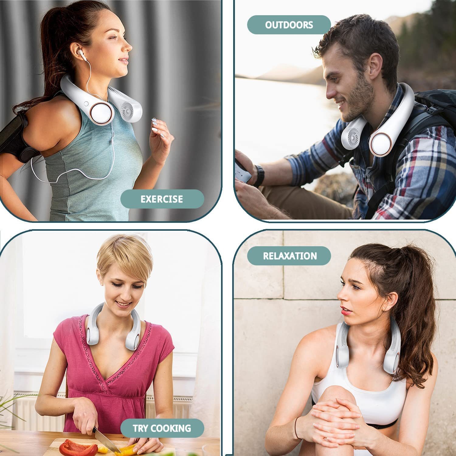Ventilador de cuello portátil recargable sin aspas, modelo universal para aficionados al deporte, ideal para regalo.