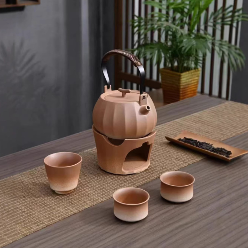 Coarse Pottery Tea Kettle for Brewing Tea over an Open Flame, Candle-Operated Teapot with Handle, Simple Tea Warming Set, Outdoor Tea Brewing Kettle