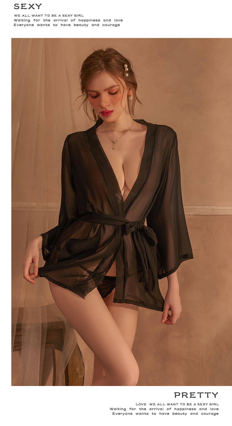 Chiffon Sheer Robe Set with Belt and Thong, Apricot One Size — detail image 17