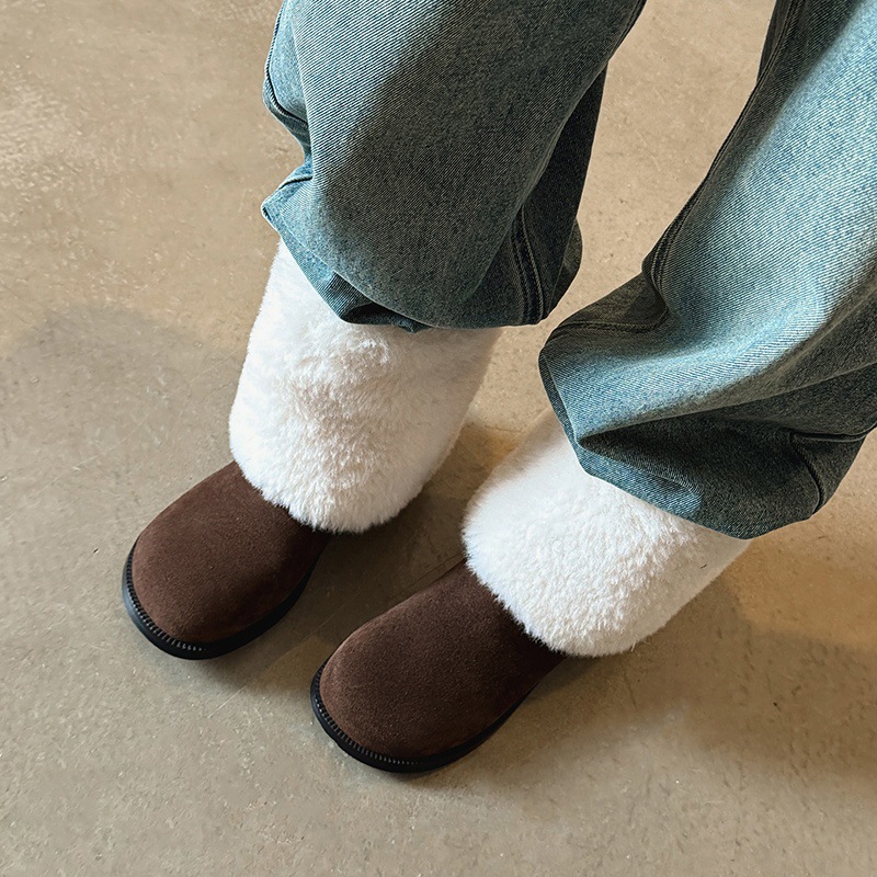 Boot nữ cổ cao lông mềm đế bằng, lót lông cừu dày dặn giữ ấm, kiểu lật cổ — màu nâu