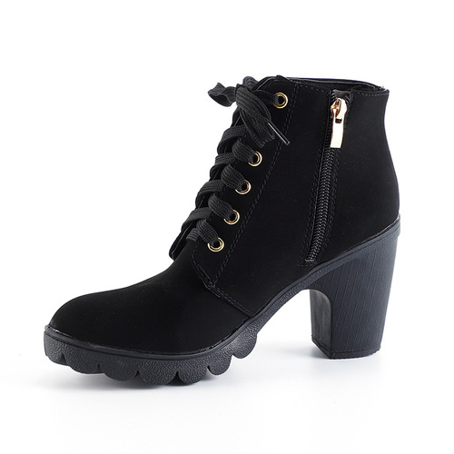 Spring chunky-heel ankle boots for women: lace-up, round-toe design in matte finish with thick, high heels and a short shaft.