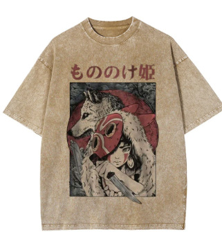 欧美跨境水洗做旧五分袖T恤美式复古动漫短袖T