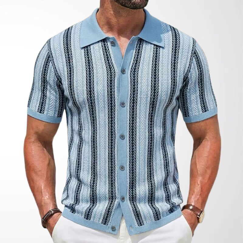 New Men's Color-Block Striped Knitted Cardigan Jacquard Lapel Short-Sleeve Polo Shirt Cross-Border Men's Clothing Wholesale Sy0157 New Men's Color-Block Striped Knitted Cardigan Jacquard Lapel Short-Sleeve Polo Shirt Cross-Border Men's Clothing Wholesale Sy0157