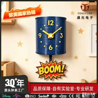 通元 创意罐头造型时钟个性挂钟定制塑料石英钟表带摆锤摇摆时钟