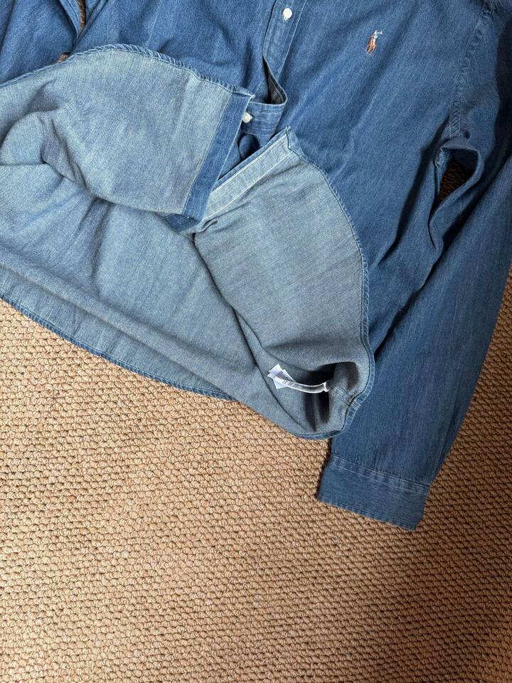 Áo sơ mi denim nam cổ điển thêu logo ngựa, áo sơ mi cotton dáng suông mặc ngoài — Áo sơ mi denim (nam) chi tiết 3