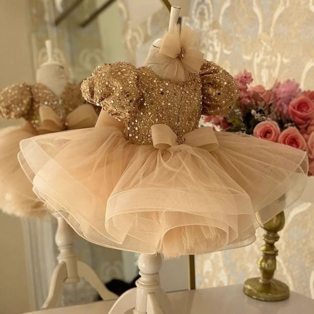 Mother & Kids Princess Flower Girl Sequined Wedding Dress Champagne Color With Short Sleeves Puffy Bow Detail For Children's Baby Birthday Party Gift_voghion.com