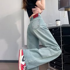 広州の商品の供給源の狭い版の広脚のまっすぐな筒のジーパンの女性の小さい背の夏の高い腰はやせているズボンの百合の垂れ下がっている感じのズボンを現します。