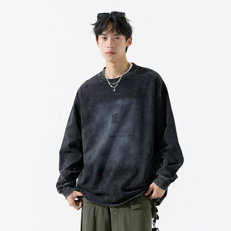 American Street Fashion Brand Large Size Distressed Washed Long-Sleeved T-Shirt Men's Spring and Autum Fat Loose Cotton Bottoming Shirt