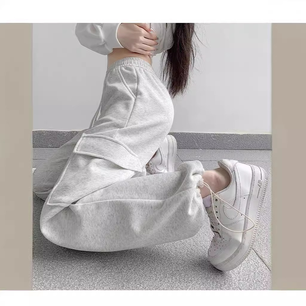 American-Style Drawstring Sports Sweatpants for Women, New High-Waisted Slimming Workwear Long Pants for Spring and Autumn, Trendy Casual Pants for Women