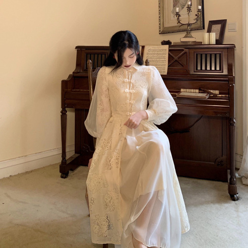 French-style modified cheongsam—lightweight, ethereal dress for young girls; a designer, niche, sophisticated two-piece skirt set.