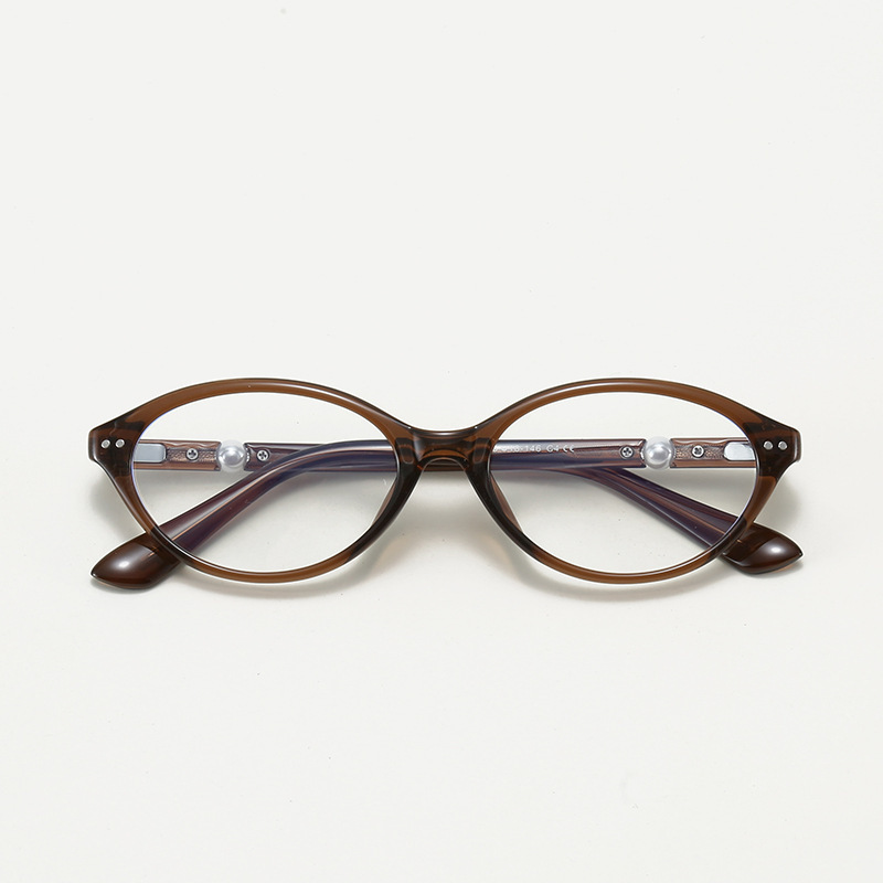 7221 Korean Version Tr Oval Nerd-Style Fashionable Brown Eyeglass Frames for Women, Retro Pearl Design, Can Be Fitted with Prescription Lenses