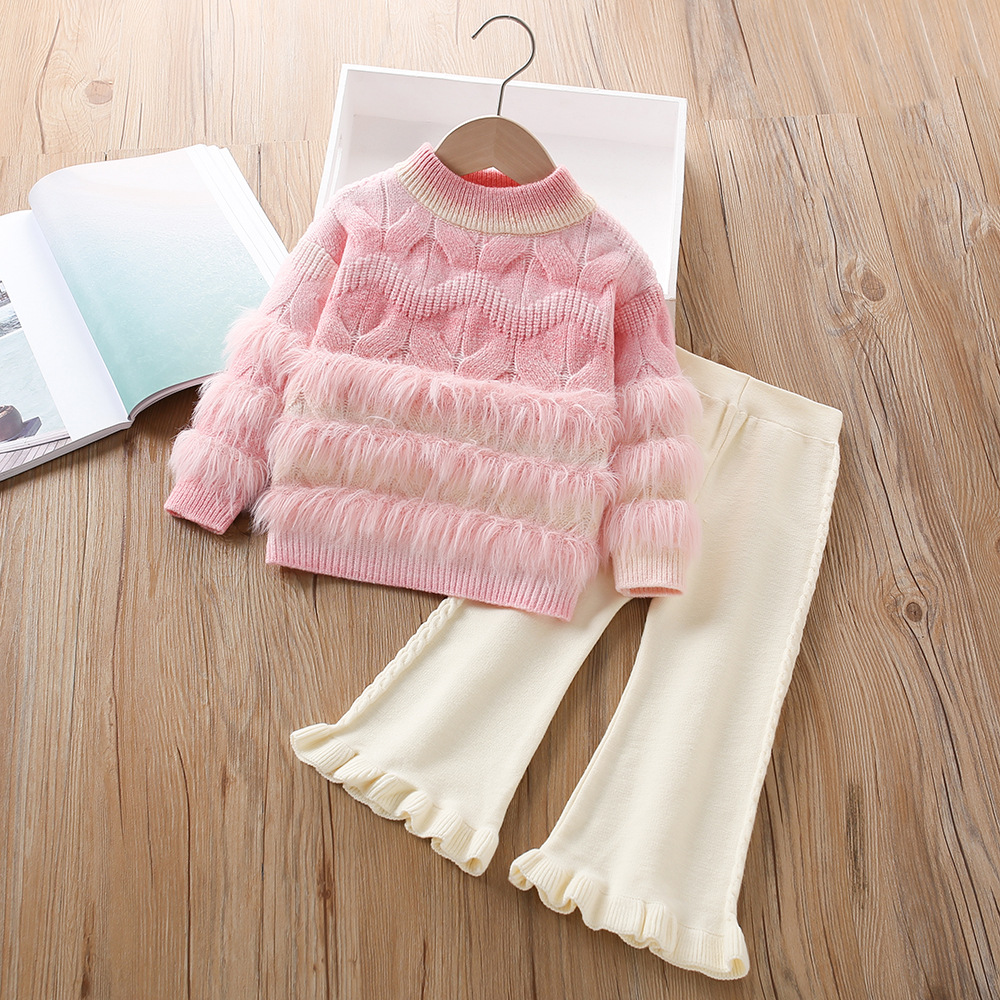 Conjunto de jersey de lana para niñas otoño-invierno 2024, dos piezas – estilo coreano y occidental.
