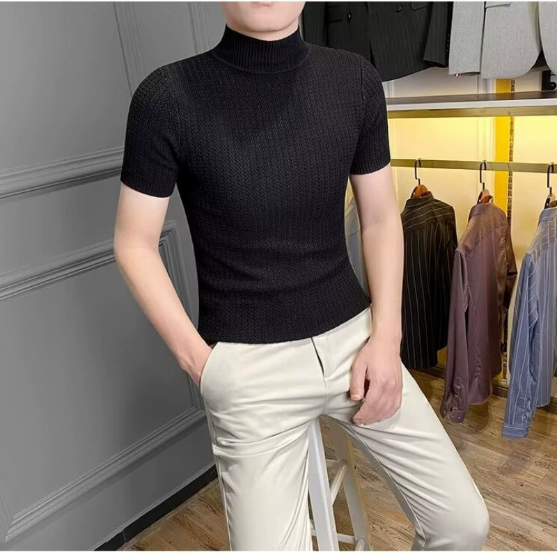 Новая летняя тонкая мужская трикотажная футболка в корейском стиле с полувысоким воротником и короткими рукавами, модная мужская полосатая рубашка со средним воротником