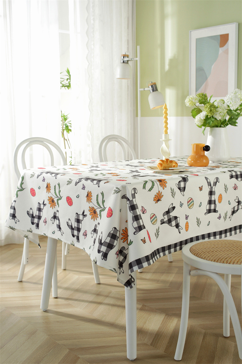 Tovaglia da caffè impermeabile in poliestere con stampa a quadri pasquali, coniglietti e fiori primaverili. Copertura per tavolo da pranzo_voghion.com