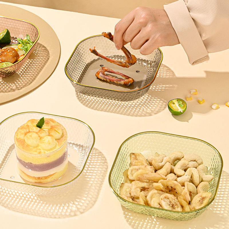 High-end transparent PET luxury boneless tray household dining table waste tray dry fruit snack gold edge fruit plate snack tray
