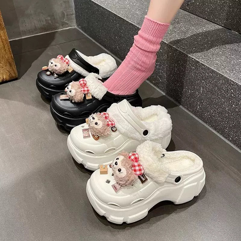 Fleece winter platform ankle clogs, plush‑lined slippers, high chunky sole, sizes 36–41