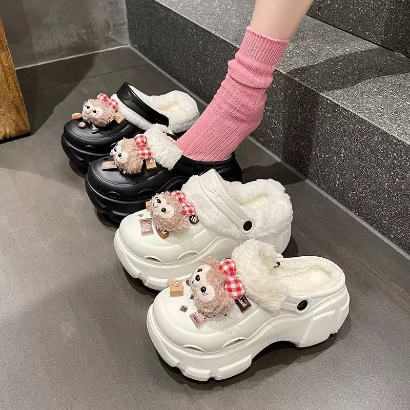Fleece winter platform ankle clogs, plush‑lined slippers, high chunky sole, sizes 36–41