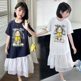 女童连衣裙洋气2025夏季新款中大童短袖拼接裙子儿童T恤裙女孩潮