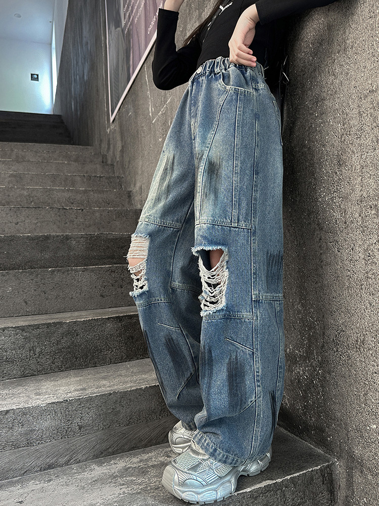 Spot Spring New Paint Style Hole Girls Fashion Children's Miscellaneous European And American Jeans Denim Loose Pants_viptrois.com