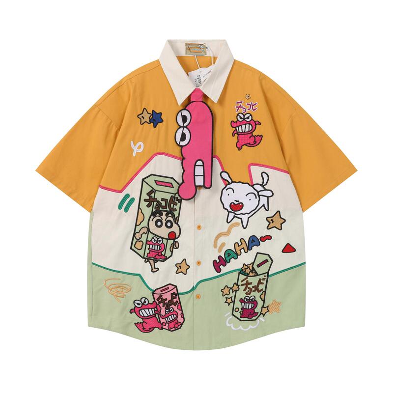 American-Style Creative Xiaoxin Crocodile Tie Short-Sleeve Shirt for Men and Women, Niche Design, College Style Couple Half-Sleeve Shirt