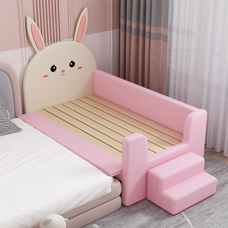 Solid Wood Children's Splicing Bed with Guardrails Baby Widened Crib Cartoon Fabric Soft Bag Princess Bed Baby Yanbian Bed