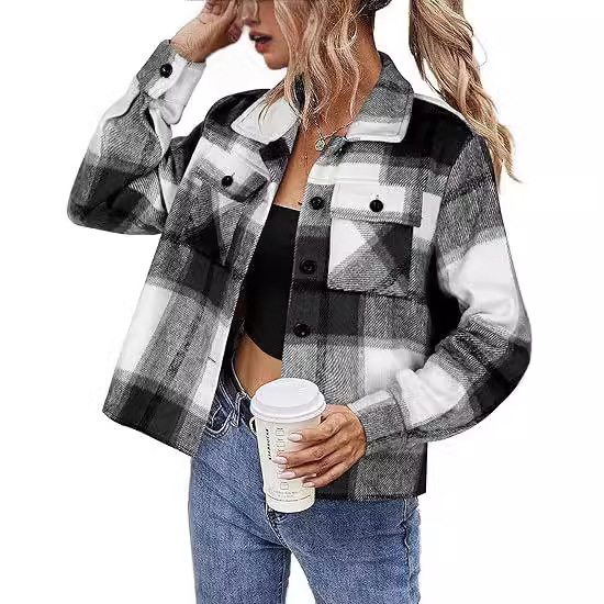 2024 Amazon European and American Short Women's Long-sleeved Light Jacket Women's Flannel Shirt Autumn Women's Coat 2024 Amazon European and American Short Women's Long-sleeved Light Jacket Women's Flannel Shirt Autumn Women's Coat