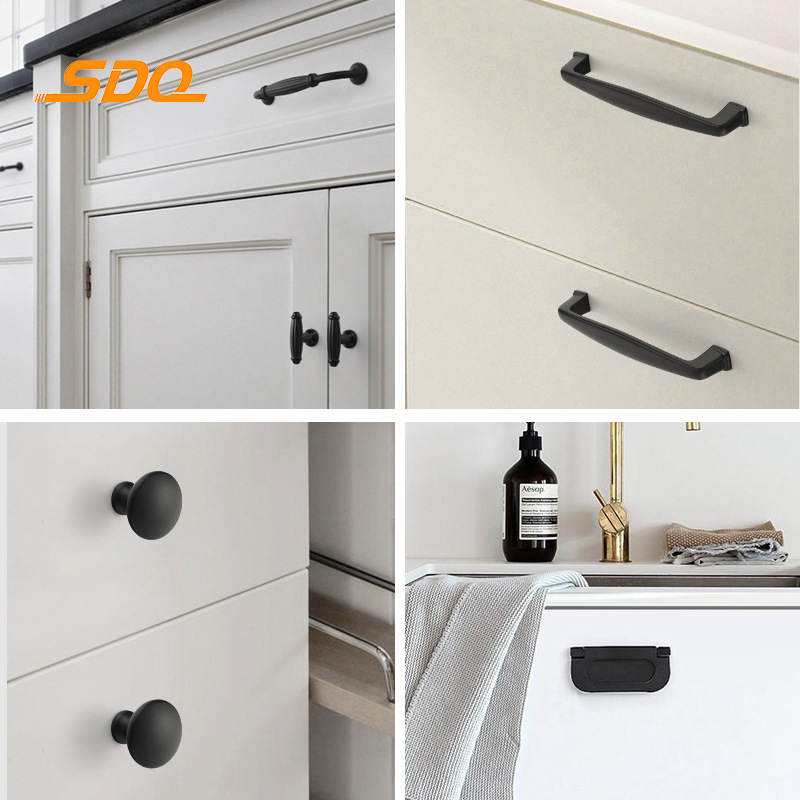 Wardrobe black hardware aluminum alloy handle American simple cabinet door perforated drawer sliding door metal handle