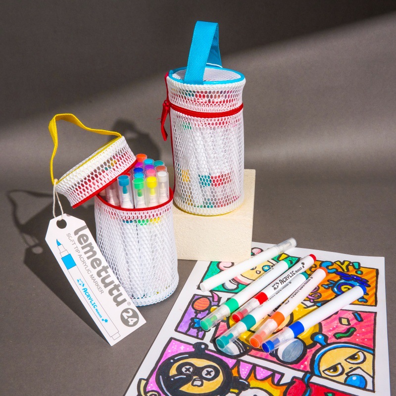 Portátil acrílico marcador conjunto de dibujo de niños cabeza suave opaco color plegable 24 colores 36 bolsas de red portátiles