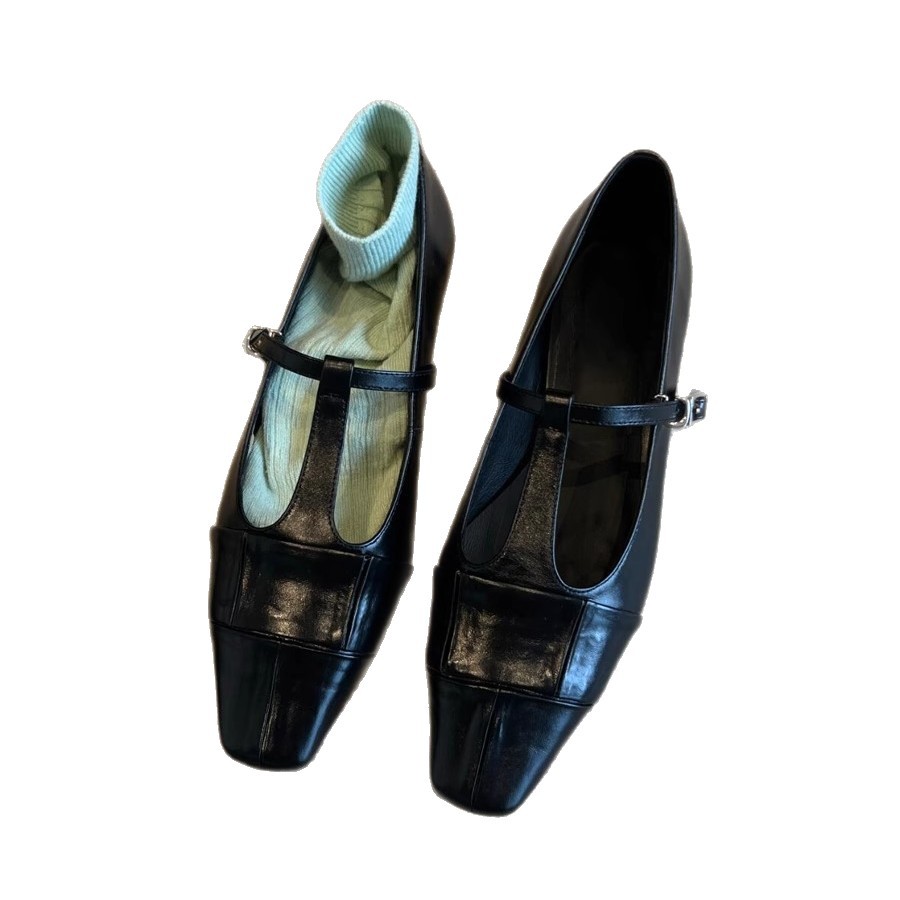 Sheepskin Version New Nicole Short Heel Square Head French T-strap Mary Jane Leather High Heels Fashionable Exquisite Leisure Hundred_voghion.com