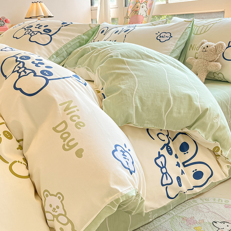 Cama de algodón cuatro piezas de sábanas de algodón cubierta dormitorio único pequeño fresco tres piezas de Nantong ropa de cama al por mayor