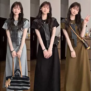韩系连衣裙套装女夏季短袖圆领半身裙时尚显瘦慵懒风条纹披肩长裙