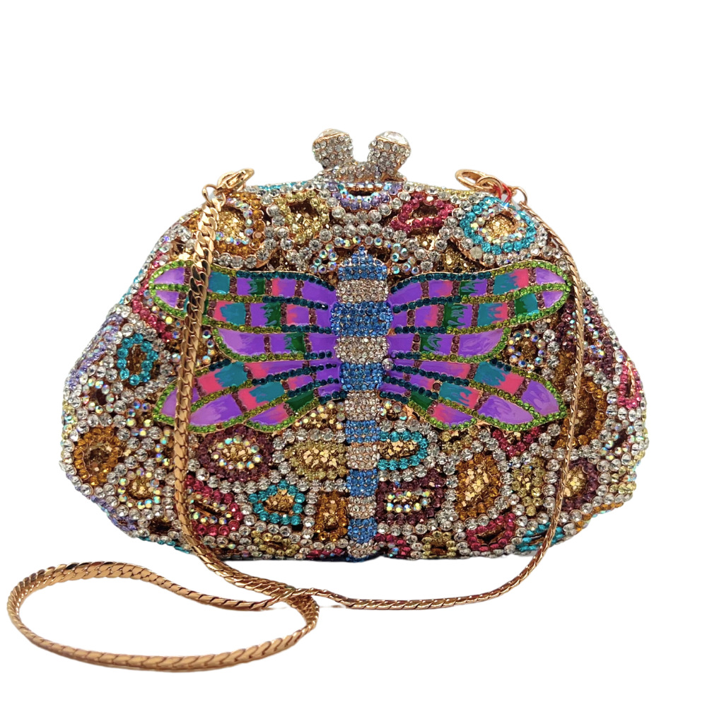 Túi clutch dạ tiệc đính đá thủ công họa tiết chuồn chuồn — Màu tím hồng, Vàng cà phê, Đen xám bạc, Màu xanh lục chi tiết 7