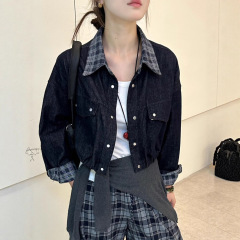 休闲牛仔短外套女2025秋新款气质翻领格子拼接单排扣夹克宽松上衣