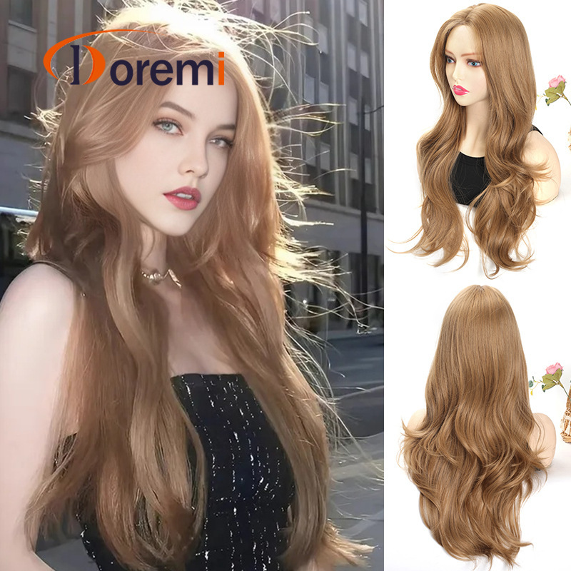 Wig Women's Long Hair Full Head Cover Natural Milk Tea Champagne Color Chemical Fiber Large Wave Long Curly Hair Full Top Wig Cover