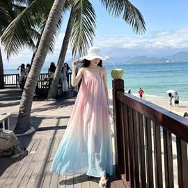 夏日绝美多巴胺彩色薄纱吊带连衣裙高级感轻奢海岛度假超仙沙滩裙