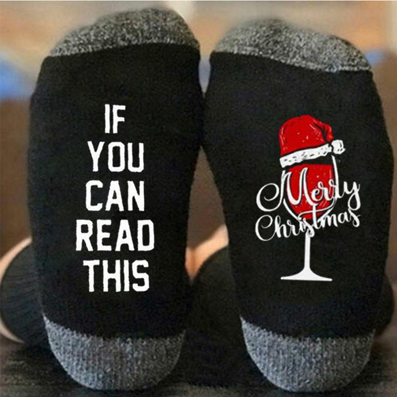 Calcetines navideños con letras de colores en contraste, estampado de muñeco de nieve, calcetines unisex de algodón con elementos navideños para comercio exterior.