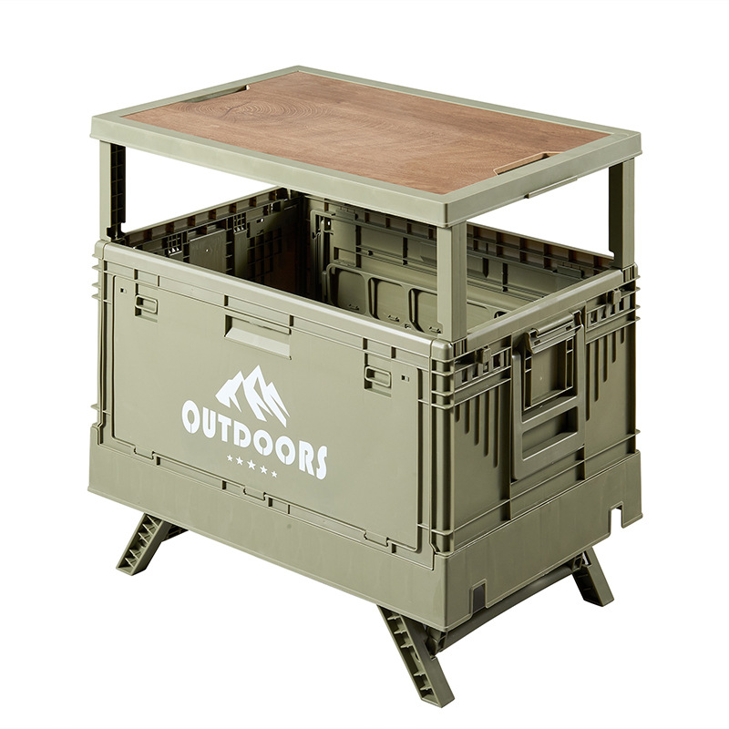 Caja de almacenamiento de camping al aire libre, mesa plegable multifuncional de gran capacidad, caja de almacenamiento con cubierta de madera para camping, caja de recolección de automóviles
