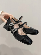 法式玛丽珍单鞋女2024年春季新款黑色小皮鞋方头水钻扣带粗跟婚鞋