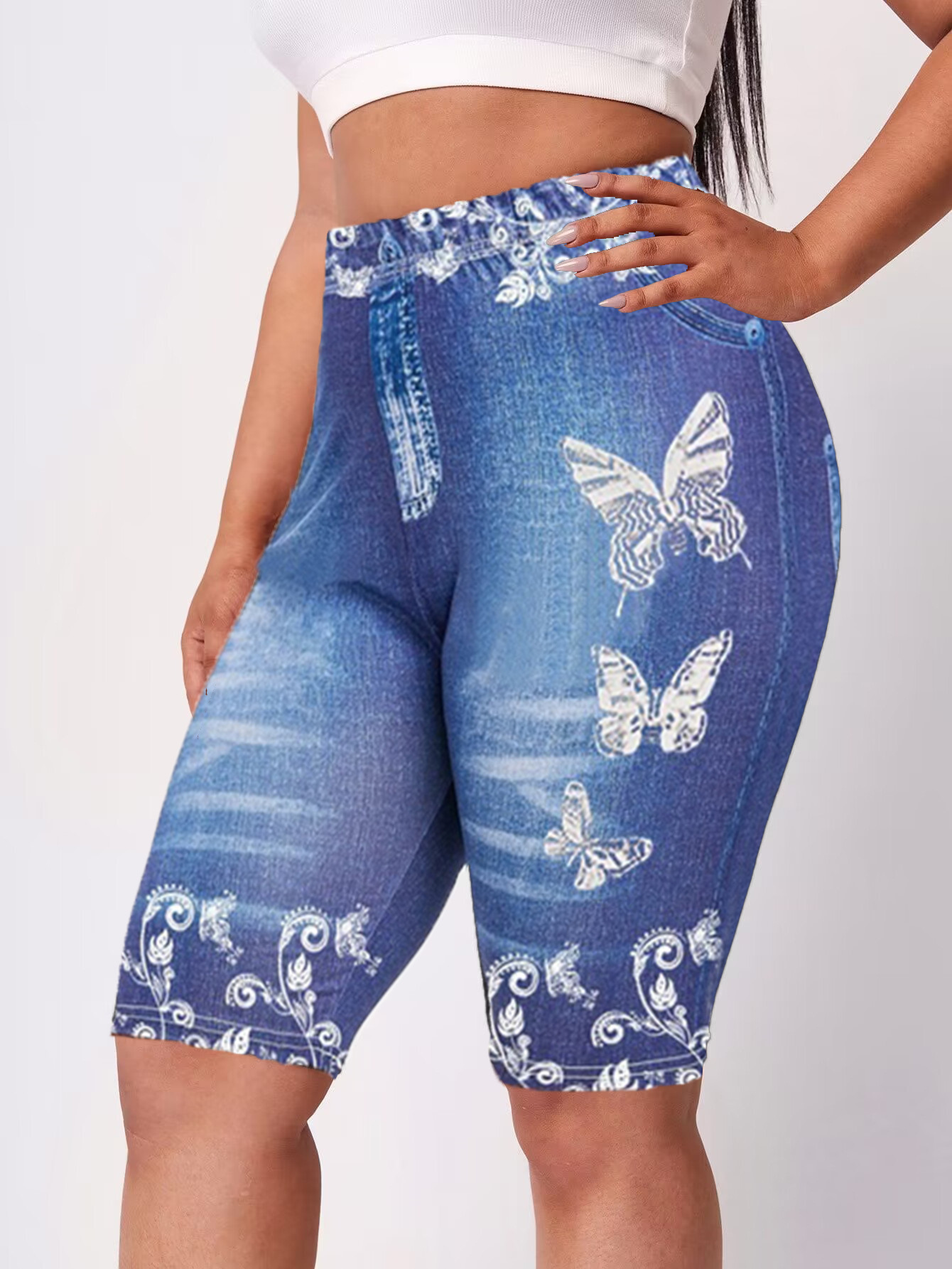 Printed Denim Butterfly Sports Leggings